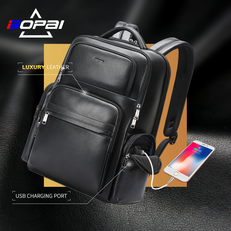BOPAI Large Capacity Business 15.6 Inch Laptop Backpack with USB Charging Port - Men's Luxury Genuine Leather Travel Backpack