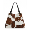 Custom Vintage Pattern Cowhide Texture Pony Hair Goat Fur Patchwork Handle Handbag - Metal Ring Top Handle Bag